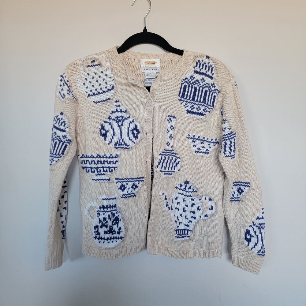 Talbots Beige Cardigan with Blue Tea Cup Teapot Porcelain Sweater